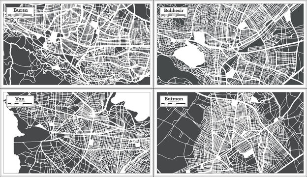 Balikesir, Van, Batman and Bursa Turkey City Maps in Retro Style.