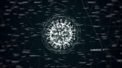 3d illustration of wireframe of coronavirus in sphere surrounded digital noise