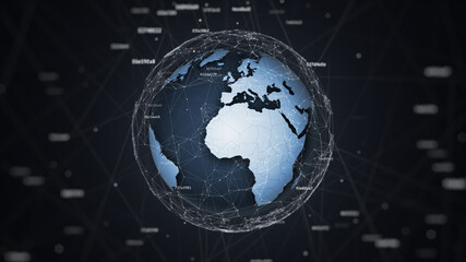 3D earth globe in geometric chaos with digital noise witch connected hashes