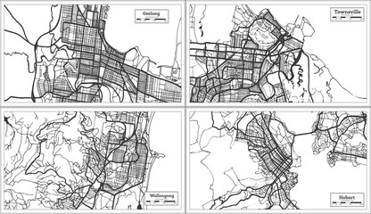 Wollongong, Townsville, Hobart and Geelong Australia City Maps in Black and White Color.