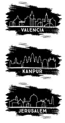 Valencia Spain, Jerusalem Israel and Kanpur India City Skyline Silhouettes.