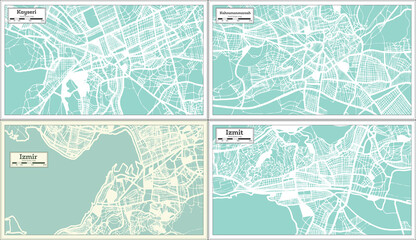 Izmir, Kahramanmarash, Izmit and Kayseri Turkey City Maps in Retro Style.