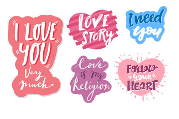 set of Quotes. i love you, love story, need you, follow your heart, love is my religion. Hand drawn hand lettering.for greeting card Valentine's day, wedding, print on t-shirts bags stationary poster
