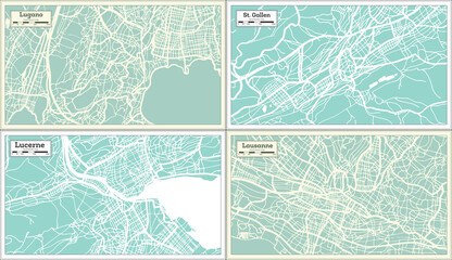 St. Gallen, Lucerne, Lausanne and Lugano Switzerland City Maps in Retro Style.
