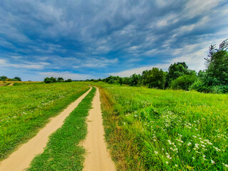 Fototapeta na wymiar Beautiful country road in summer, with green foliage and storm clouds