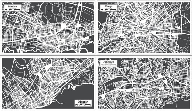 Konya, Mersin, Malatya and Manisa Turkey City Maps in Retro Style.