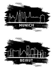 Beirut Lebanon and Munich Germany City Skyline Silhouette. Hand Drawn Sketch.