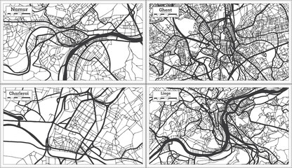 Ghent, Charleroi, Liege and Namur Belgium City Maps Set in Black and White Color.