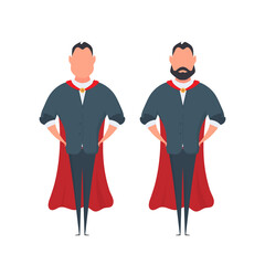 Bearded businessman with a red cloak in a cartoon style. A man superhero holds his hands on his belt. Isolated. Vector.