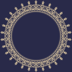 Oriental round golden frame with arabesques and floral elements. Floral border with vintage pattern. Greeting card with place for text