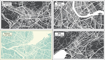 Basel, Geneva, Biel and Winterthur Switzerland City Maps in Retro Style.