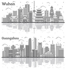 Outline Guangzhou and Wuhan China City Skyline with Modern Buildings and Reflections Isolated on White.
