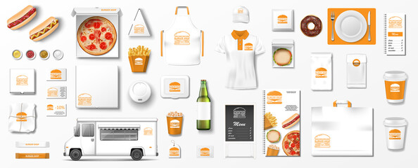 Realistic fast food mockup set, top view for restaurant or cafe menu. Fast food template Isolated hamburger, pizza, popcorn, delivery truck, beer, paper package. Vector