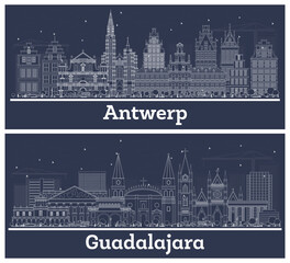Obraz premium Outline Antwerp Belgium and Guadalajara Mexico City Skylines with White Buildings.