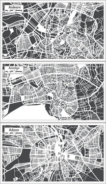 Ankara, Adana and Antalya Turkey City Maps in Retro Style.