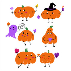 Vector illustration set with a picture of pumpkins in costumes for Halloween. In a hat, with a candle, with a ghost, with a heart in his hands.