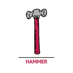 Hand drawn hammer icon. Professional labor construction tool with gray and red colors