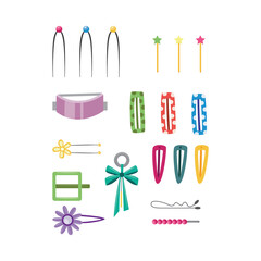 Set of hair accessory hairpins and hair-clips flat vector illustration isolated.