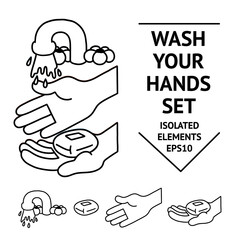 Hands washing manochrome vector healthy covid illustration elements set. Wash your hands, hand drawn. black and white colors