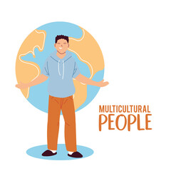 asian man cartoon in front of world sphere vector design