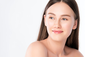 Obraz premium Beautiful Young Woman with Clean Fresh Skin, on white background, Face care, Facial treatment. Cosmetology, beauty and spa. women portrait