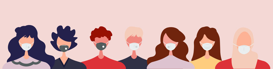 Obraz na płótnie Canvas Group of people wearing medical masks to prevent disease, flu, air pollution. Coronavirus. Vector illustration in a flat style.