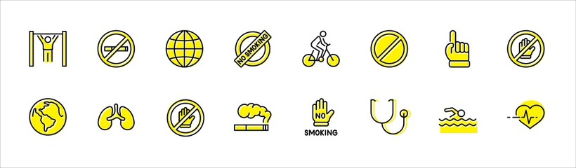 International No Tobacco Day Set Line Vector Icons. Contains such Icons as Lungs, Cigars, Cigarettes, Smoking, Globe, smoking Cessation and more. Editable Stroke 32x32 Pixels