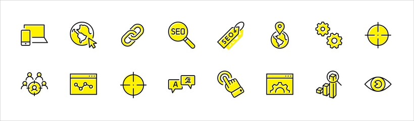 Set of SEO Related Vector Line Icons. Contains such Symbols as Web icon, Eye, Localization, Link, Traffic, Translate, Performance Tracking, Point and more. Editable Stroke. 32x32 Pixel Perfect.