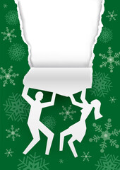 


Couple tearing Christmas wrapping paper.
Paper couple silhouette and green christmas torn paper background. Place for your text or image. Vector available.