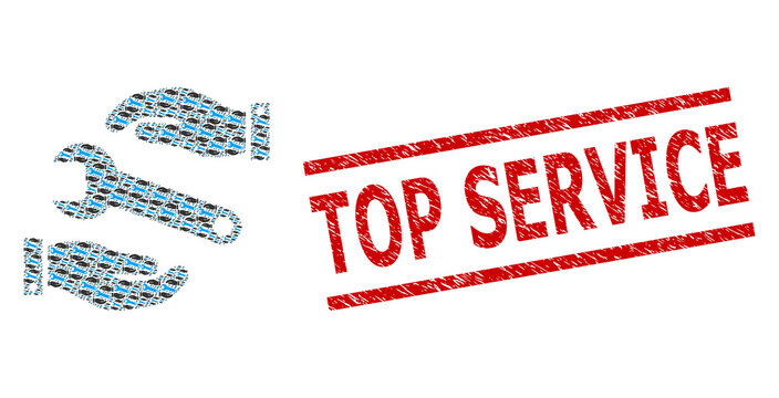 Recursive mosaic service and Top Service grunge stamp print. Vector mosaic is composed with random service icons. Stamp seal includes Top Service tag between parallel lines.