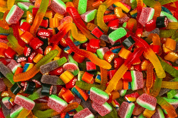 Assorted gummy candies. Top view. Jelly  sweets background.
