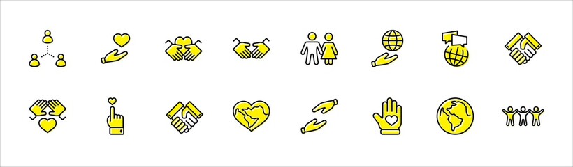 International Day of Human Solidarity Line Vector Icons Set. Contains such Icons as Handshake, Heart, planet Earth, helping Hand, People and more. Editable Stroke. 32x32 Pixel Perfect
