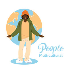 black man cartoon in front of world sphere vector design