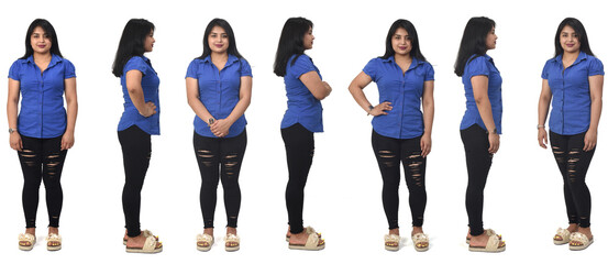 view of the same latino american woman standing in different poses on white background, side and...