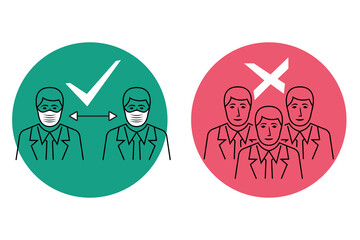 People stand keep distance and in crowd. Approved and prohibited black icon line. People in protective masks. Social distancing concept. Landing page social awareness. Vector illustration flat design.