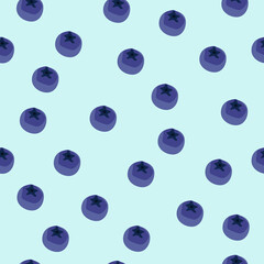 Blueberry vector seamless pattern. Natural fresh ripe tasty blueberries on blue. Seamless background