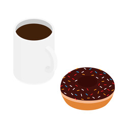 Coffee mug and chocolate donut isometric view