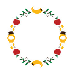 Round vector frame, card template for Jewish New Year holiday called Rosh Hashanah with honey, apples, shofar horns and green branches.
