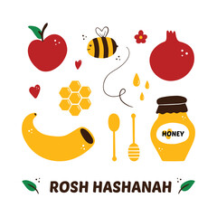 Set, collection of cute doodle icons for Jewish New Year holiday called Rosh Hashanah. Apple, pomegranate, honey and bee, shofar horn icons, illustration.