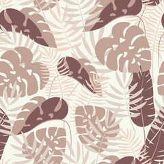 Tropical leaves. Seamless pattern. Delicate background in calm pastel colors. Isolated vector illustration.