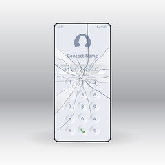 Smartphone with a broken screen, cracks and fragments on the glass of the phone. The touch screen needs to be replaced. Template for advertising, mobile applications, websites. Vector. 3d