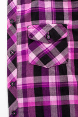 purple plaid shirt with pocket and buttons background. top view