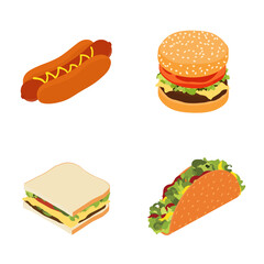 Set of fast food : hotdog, sandwich, burger hamburger or cheeseburger and taco