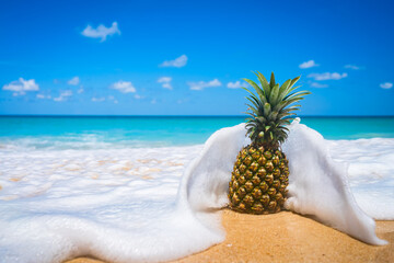 Pineapple with splash smooth wave on tropical beach background. Summer vacation and healthy food concept.