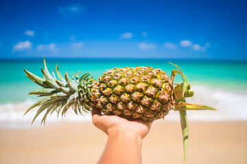 Pineapple on man hand at tropical beach background. Summer vacation and healthy food concept.