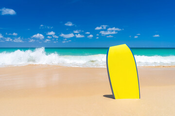 Surfboard on beach background. Travel adventure sport and summer vacation concept.