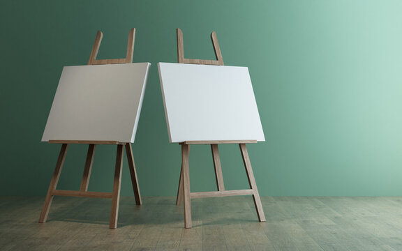 3d rendering of a wooden easel on wood floor with green wall