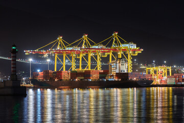 container cargo freight ship at night