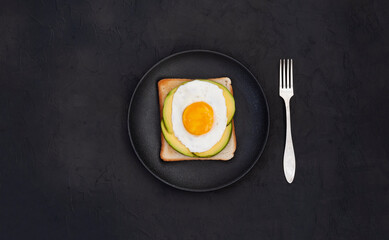 Healthy breakfast toasts with avocado and fried egg on the black stone background flat lay mock-up with copy space