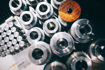 Close-up of a set of metallic gears and parts